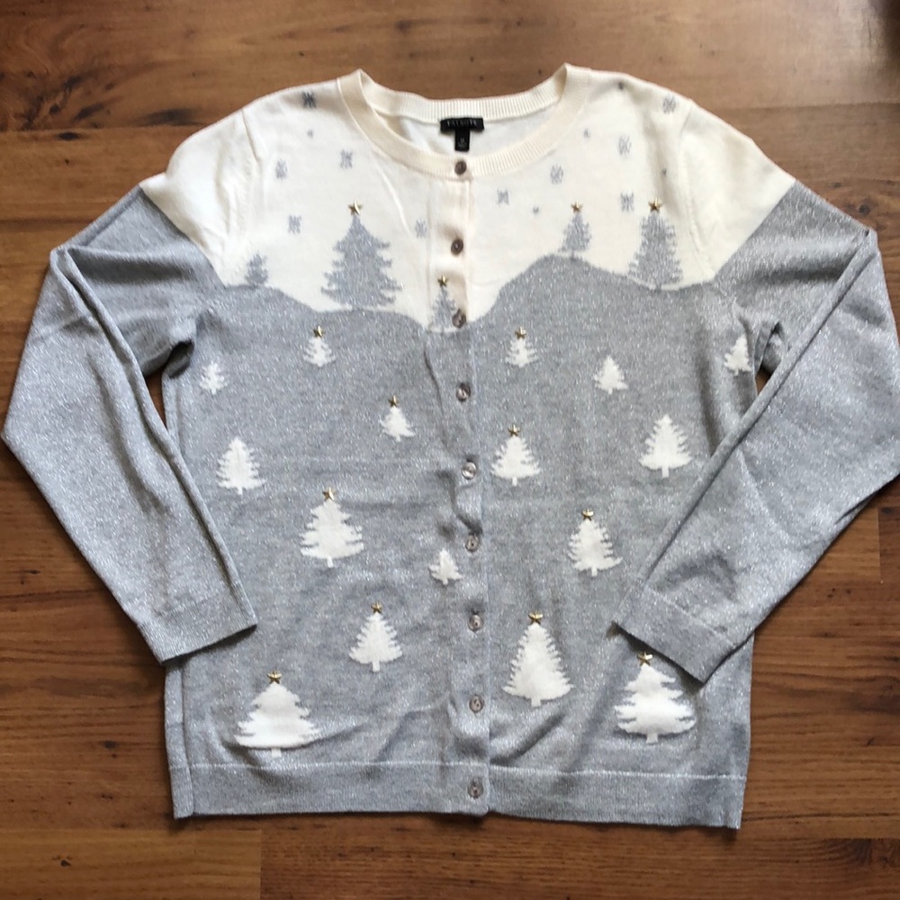 Talbots Festive Gray and White Cardigan